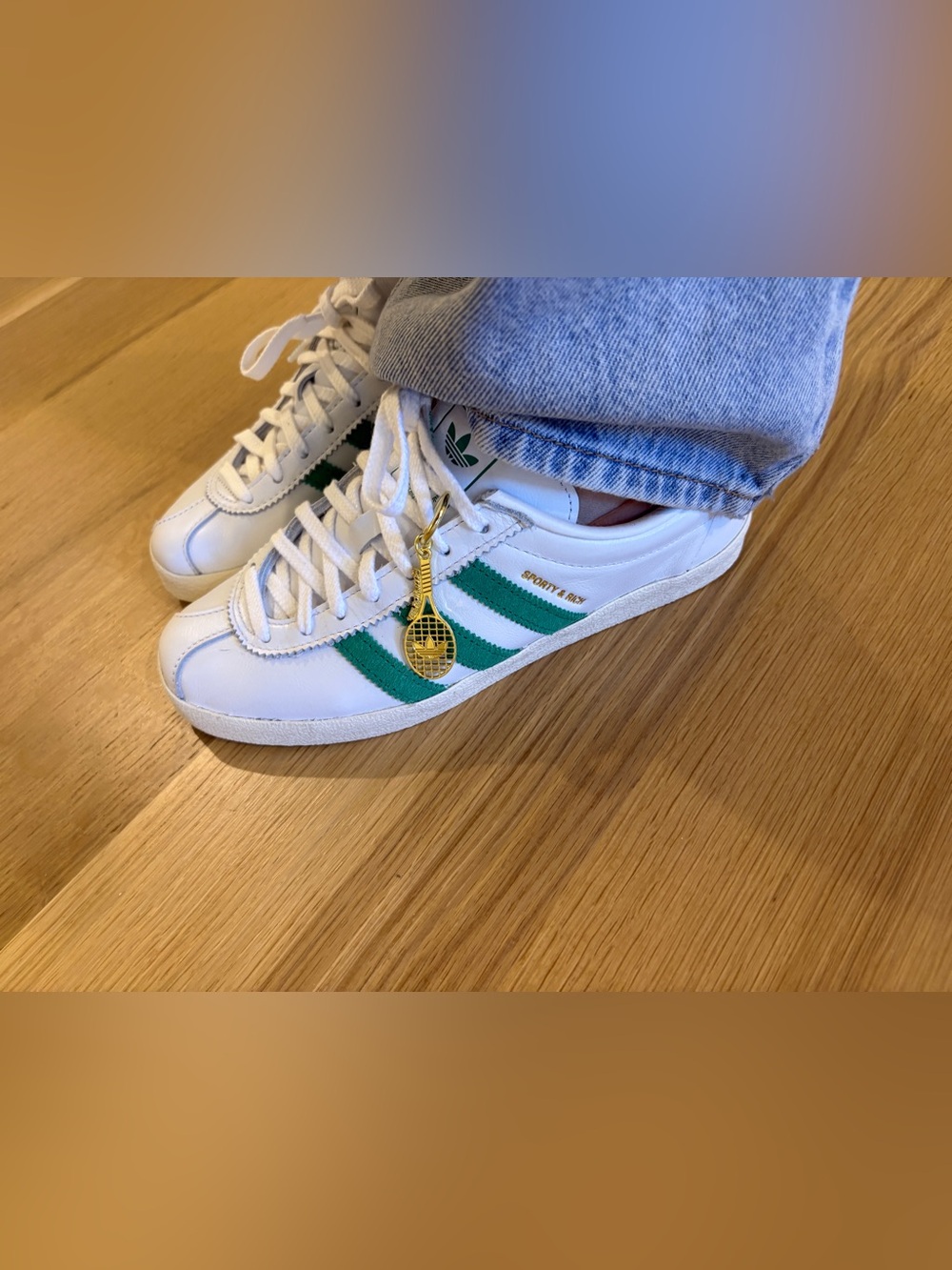 adidas White Sneakers with Green Stripes and Gold Tennis Charm